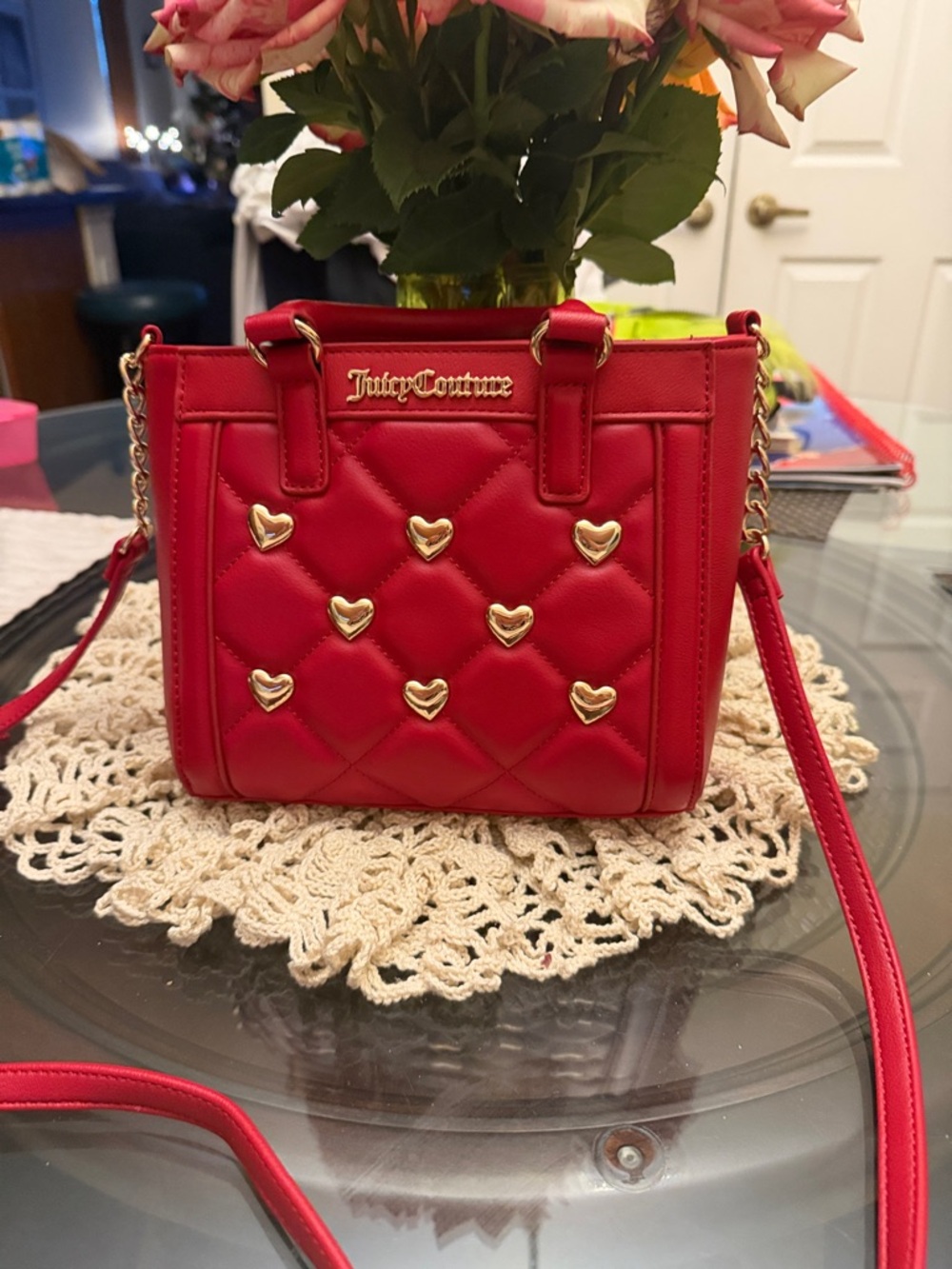 BRAND NEW  Juicy Couture Red Quilted Heart Stud Crossbody Bag small crossbody